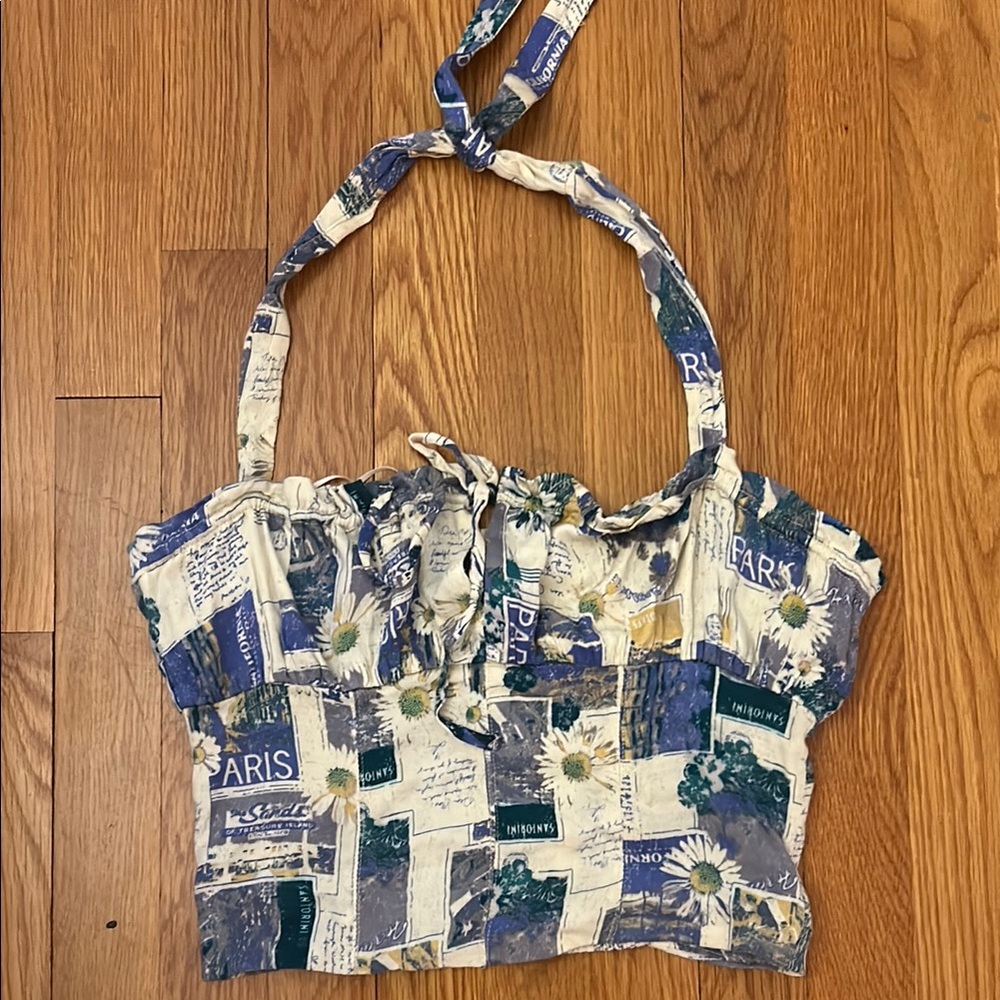 Blue Tie Front Halter Tank Top